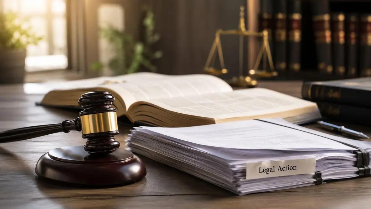 A wooden judge's gavel beside a stack of legal documents labeled Legal Action on an office desk.