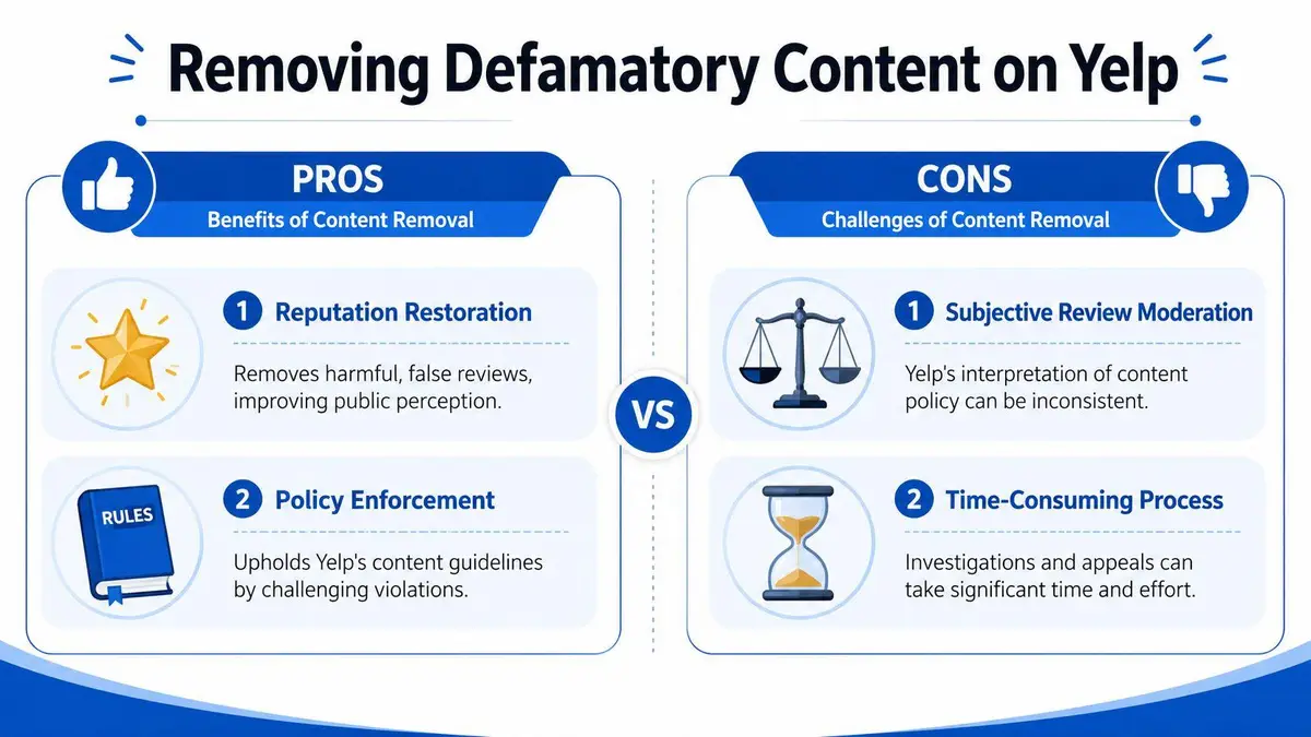 An infographic comparing the pros and cons of removing defamatory reviews from a Yelp business page.
