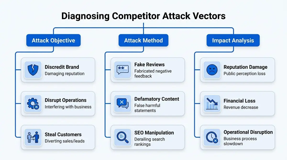 A flowchart diagram illustrating the diagnosis of competitor attack vectors, methods, and their potential business impacts.