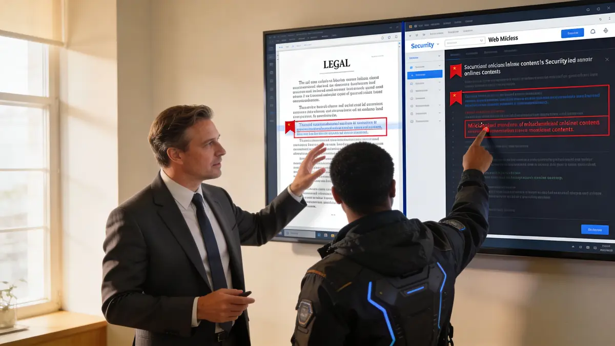 A professional in a suit and a person in technical gear discuss digital security data on a screen.