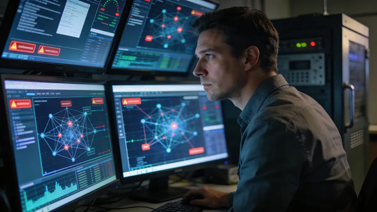 A focused cybersecurity analyst monitoring network data patterns on multiple computer screens in a high-tech control room.