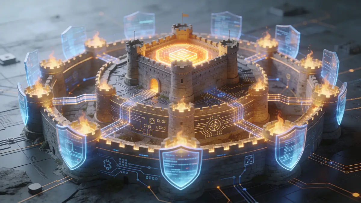A 3D rendering of a medieval fortress surrounded by digital security shields and glowing circuit board pathways.