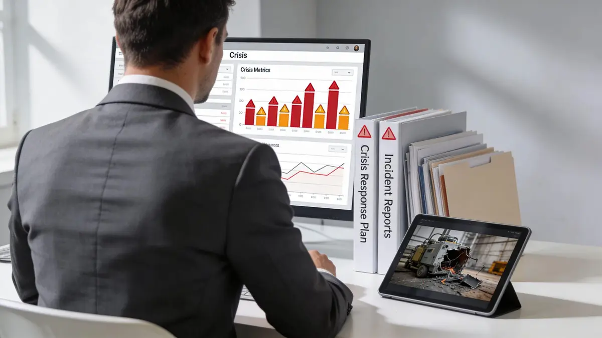 A professional in a suit analyzing crisis metrics and incident reports on a computer screen at a desk.