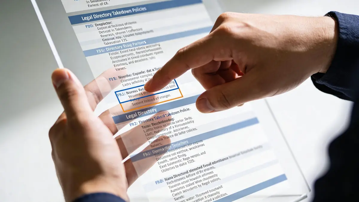 A person using a transparent digital tablet to review legal directory takedown policies with a finger touch.