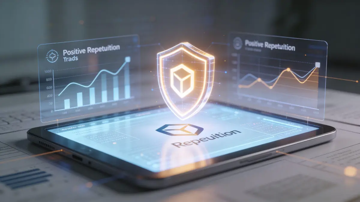 A futuristic tablet displaying digital data visualizations and a glowing security shield hologram representing reputation management.