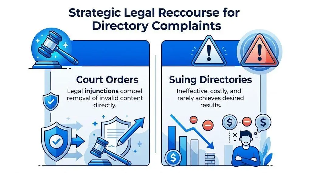 A comparison infographic showing court orders as effective solutions versus suing directories for removing business complaints.