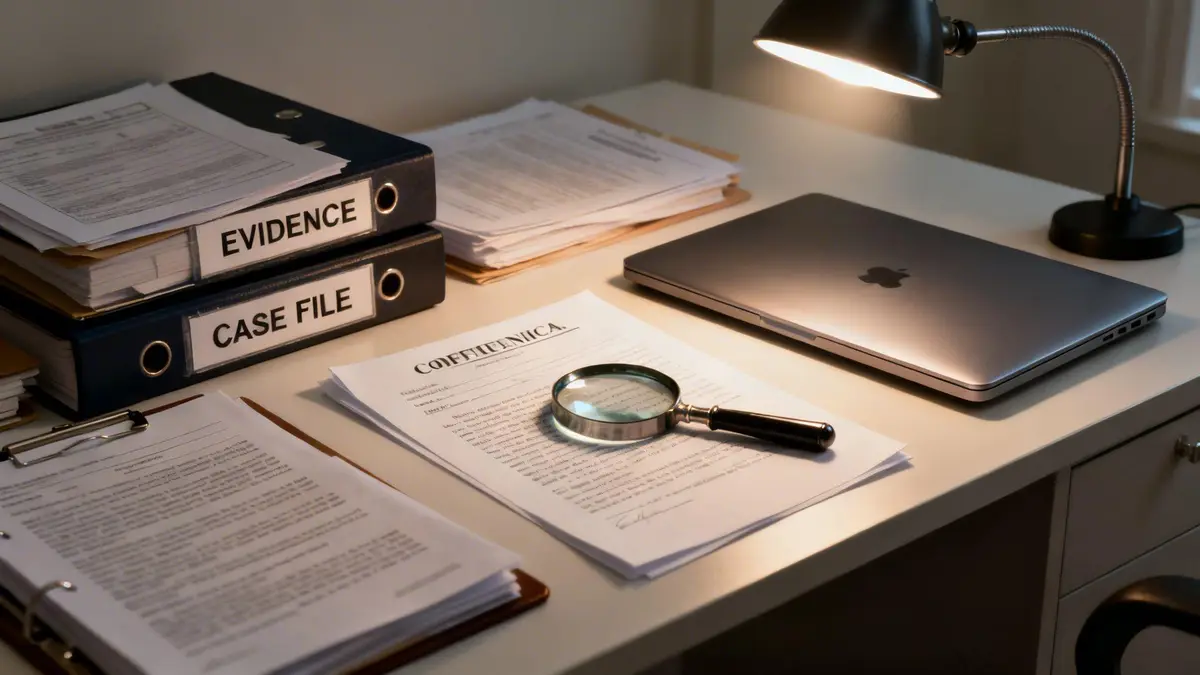 A detective's desk with binders labeled Evidence and Case File, a magnifying glass, and a laptop.