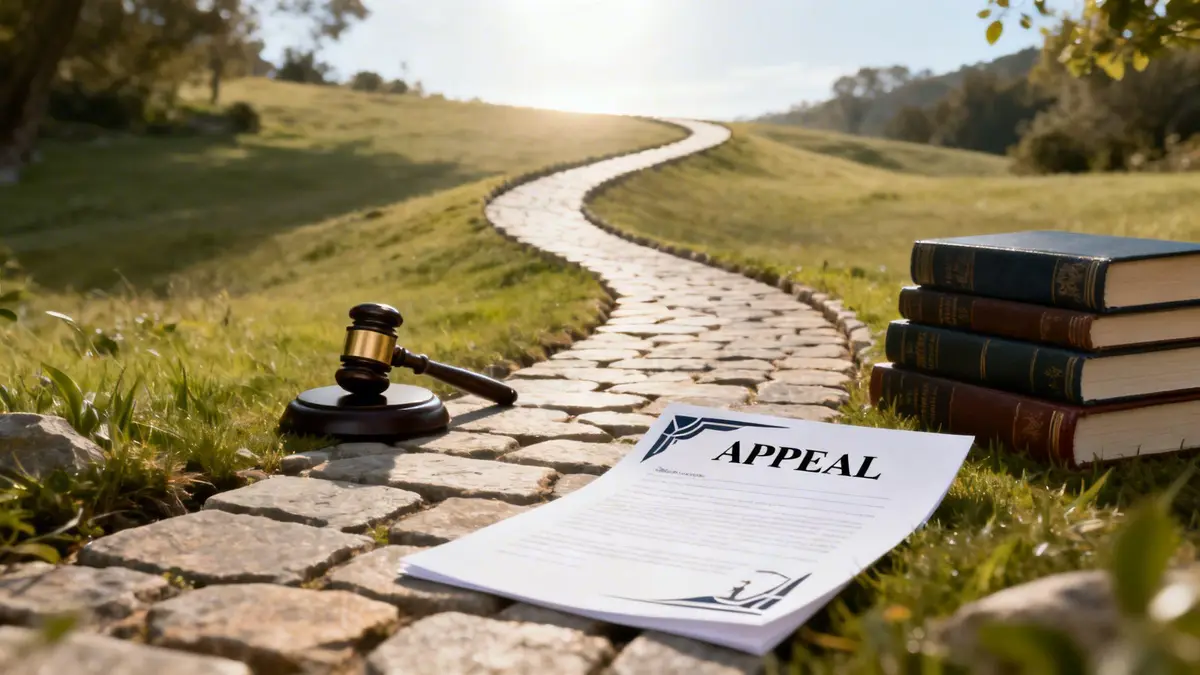 A gavel and legal appeal document on a stone path leading toward a sunny horizon.