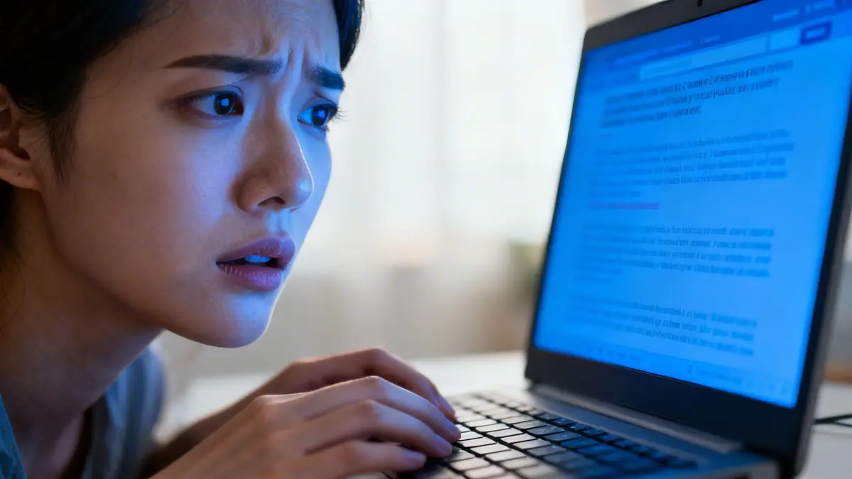 A concerned woman looks at her laptop screen while experiencing online privacy or reputation management issues.