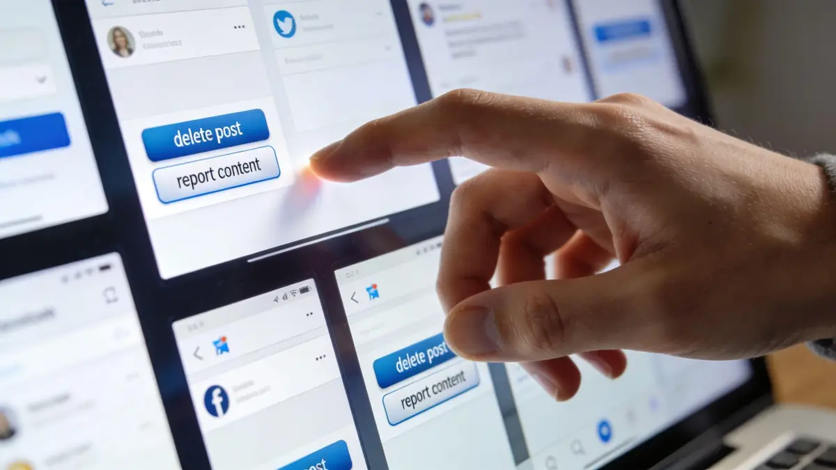 A person pointing their finger at a screen displaying buttons to delete or report social media content.