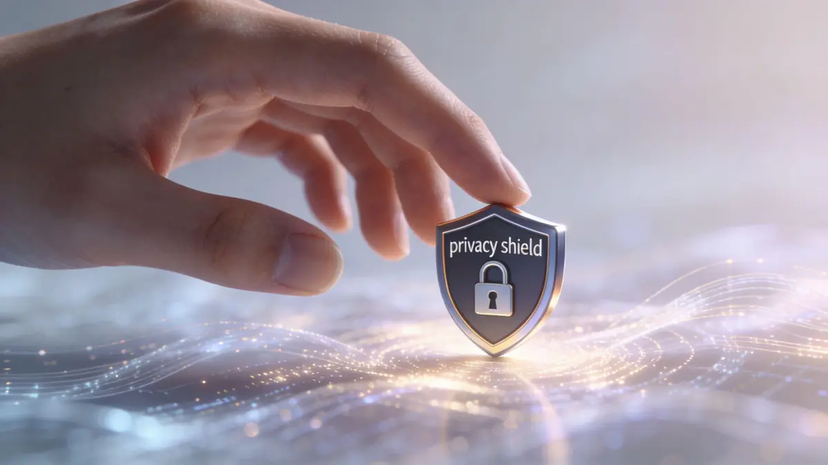 A hand holding a digital privacy shield icon representing data protection and cybersecurity on a glowing background