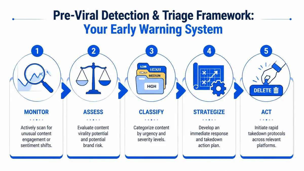 A five-step framework infographic for detecting and triaging viral content to manage brand risk effectively.