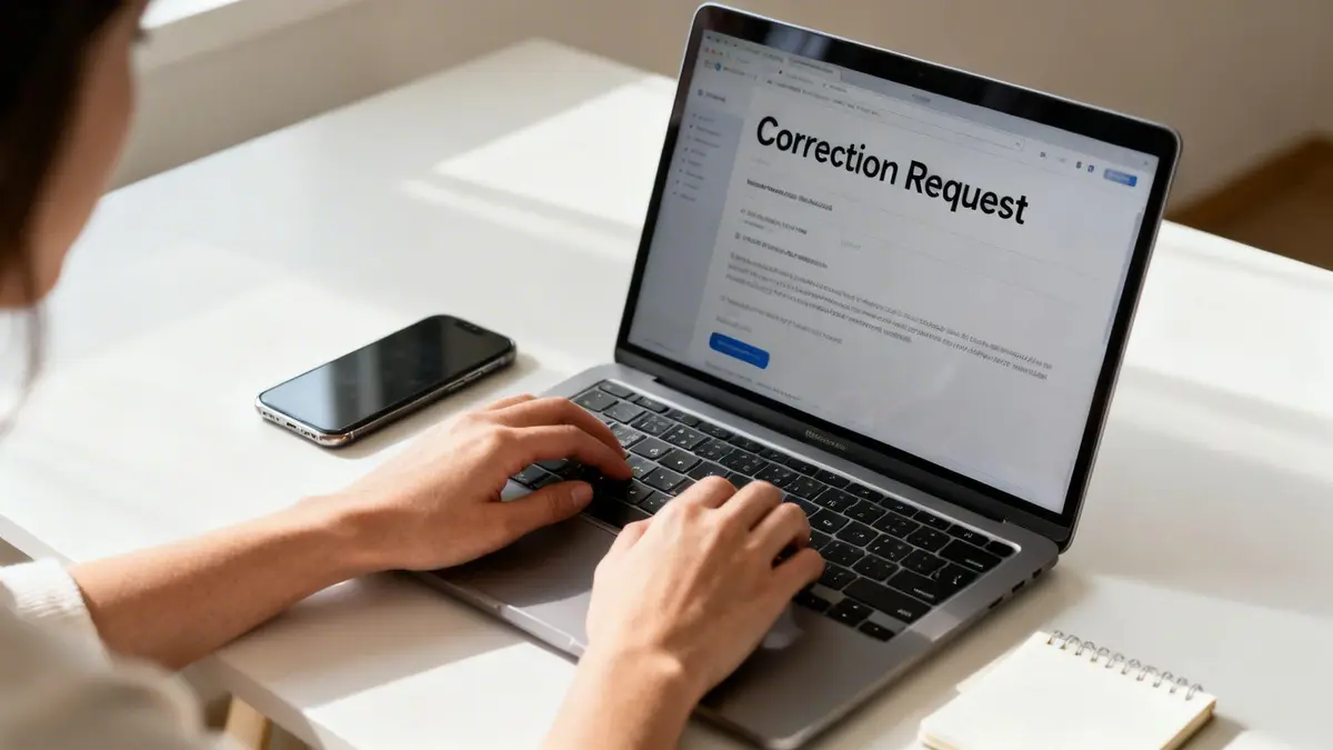 A person types on a laptop screen displaying a 'Correction Request' form on a white desk.