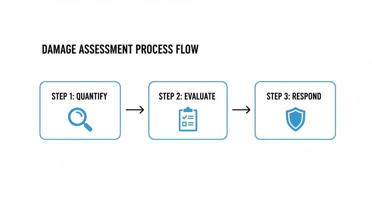 A flowchart illustrates the three-step damage assessment process: Quantify, Evaluate, and Respond.