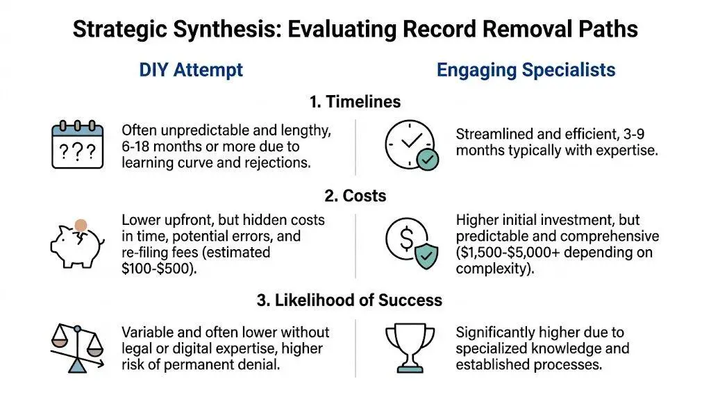 A comparison chart showing DIY vs specialized service methods for removing disciplinary records from the internet.