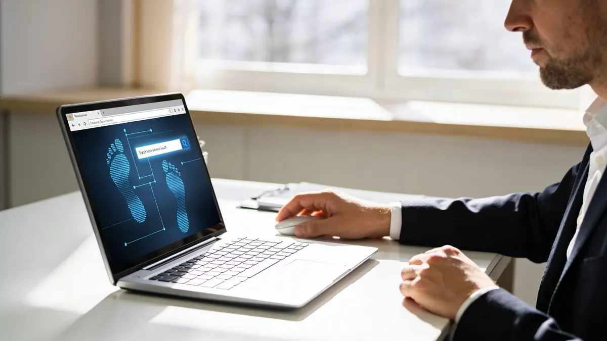 A businessman working on a laptop displaying a digital footprint graphic and a search bar interface.
