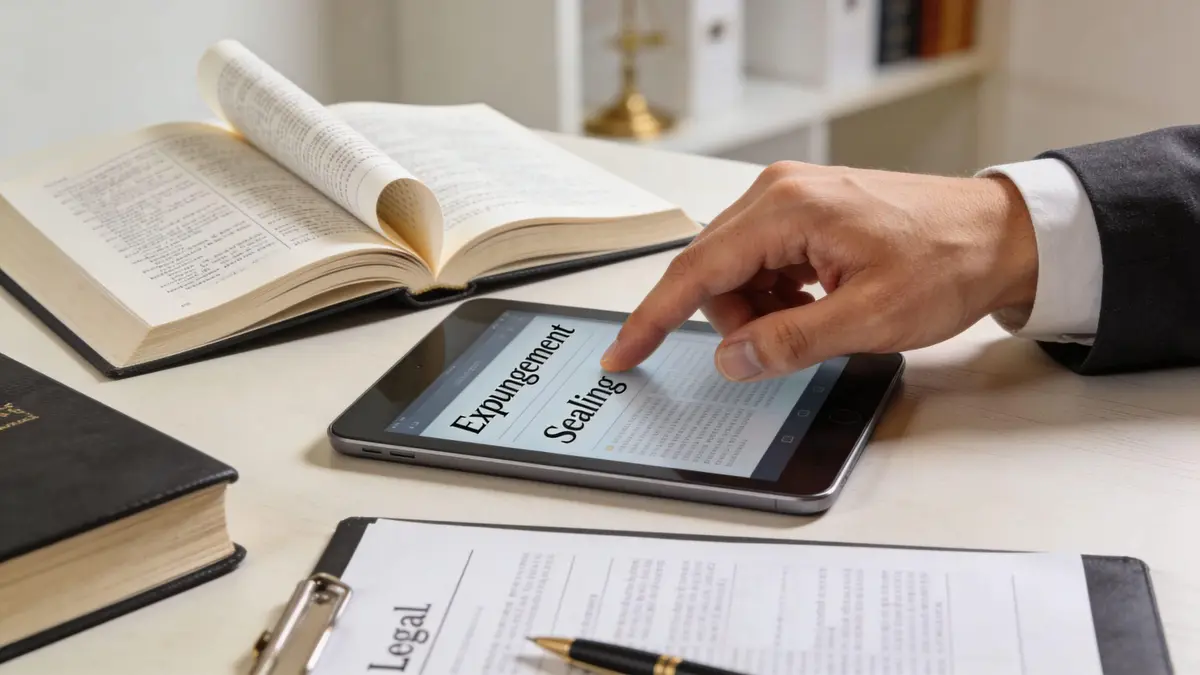 A professional lawyer using a tablet to research expungement and record sealing for legal purposes.