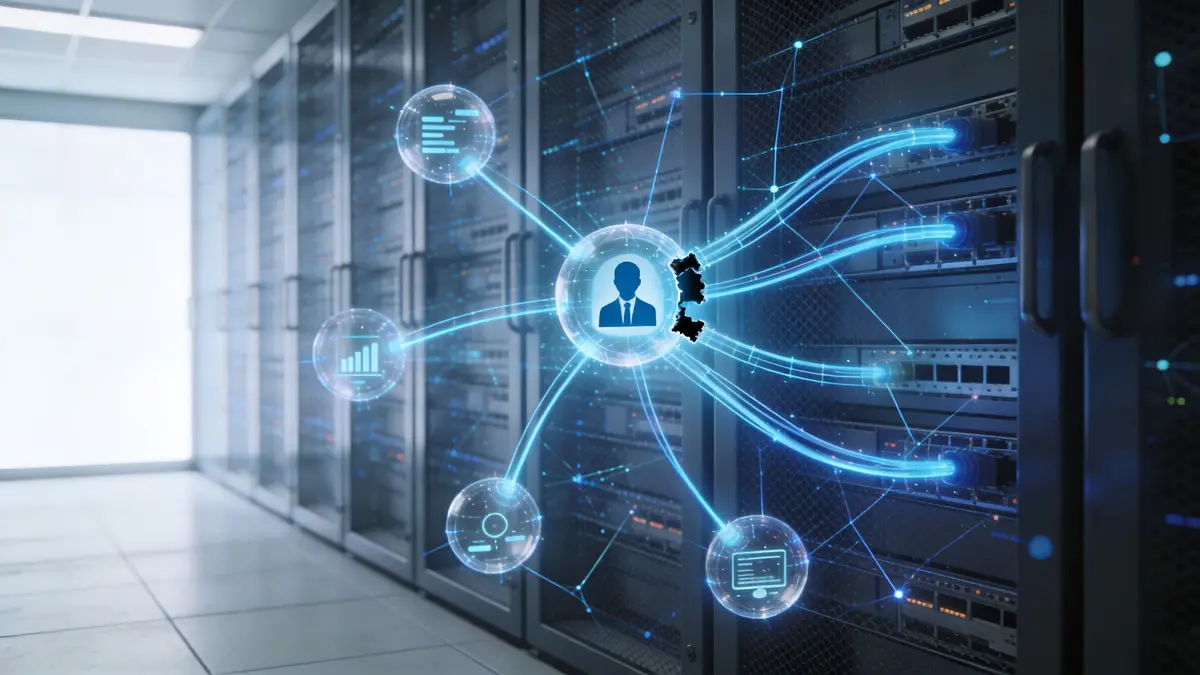 A digital representation of data networking and user profile management within a server room data center environment.