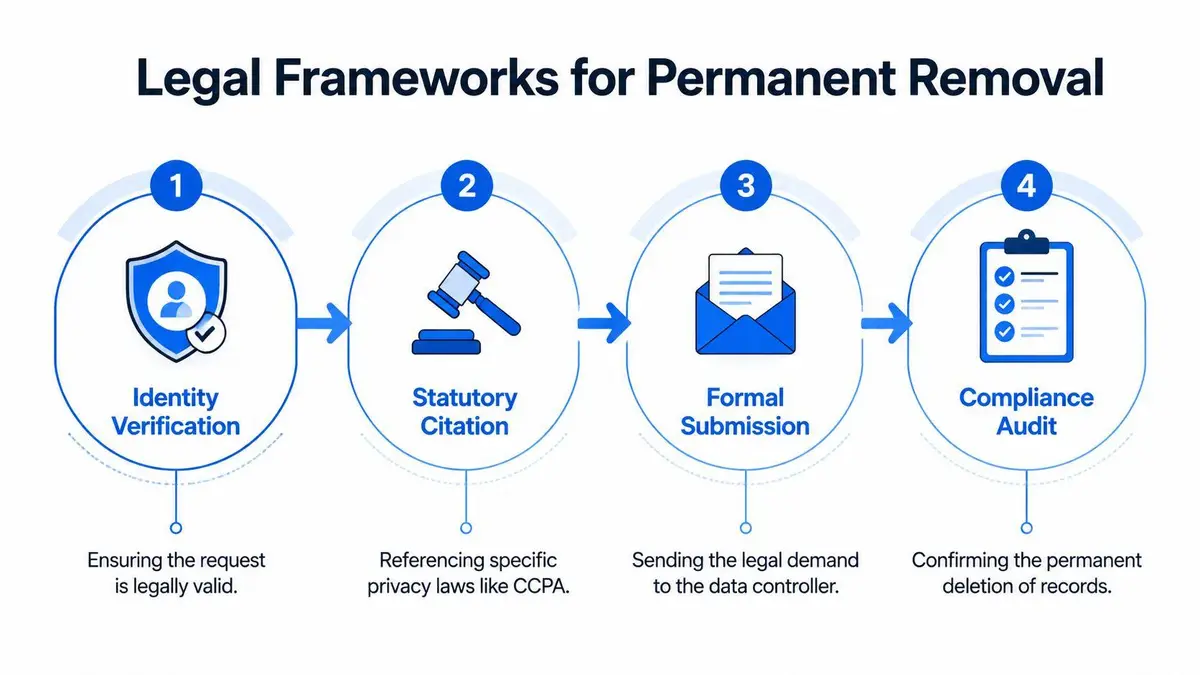 A four-step infographic illustrating the legal process for requesting permanent data removal from online databases.