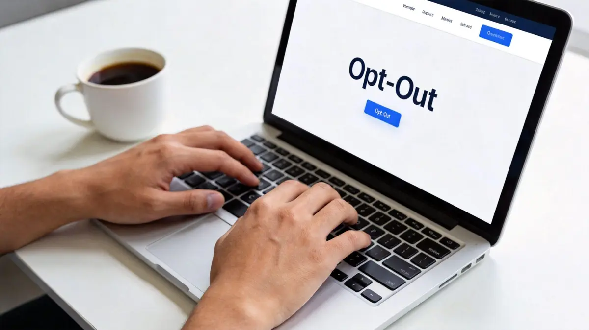 A person using a laptop to opt out from a service on a clean desk