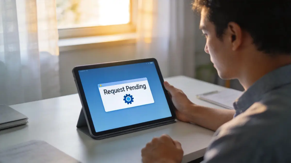 A person looking at a tablet screen displaying a notification that a request is currently pending.