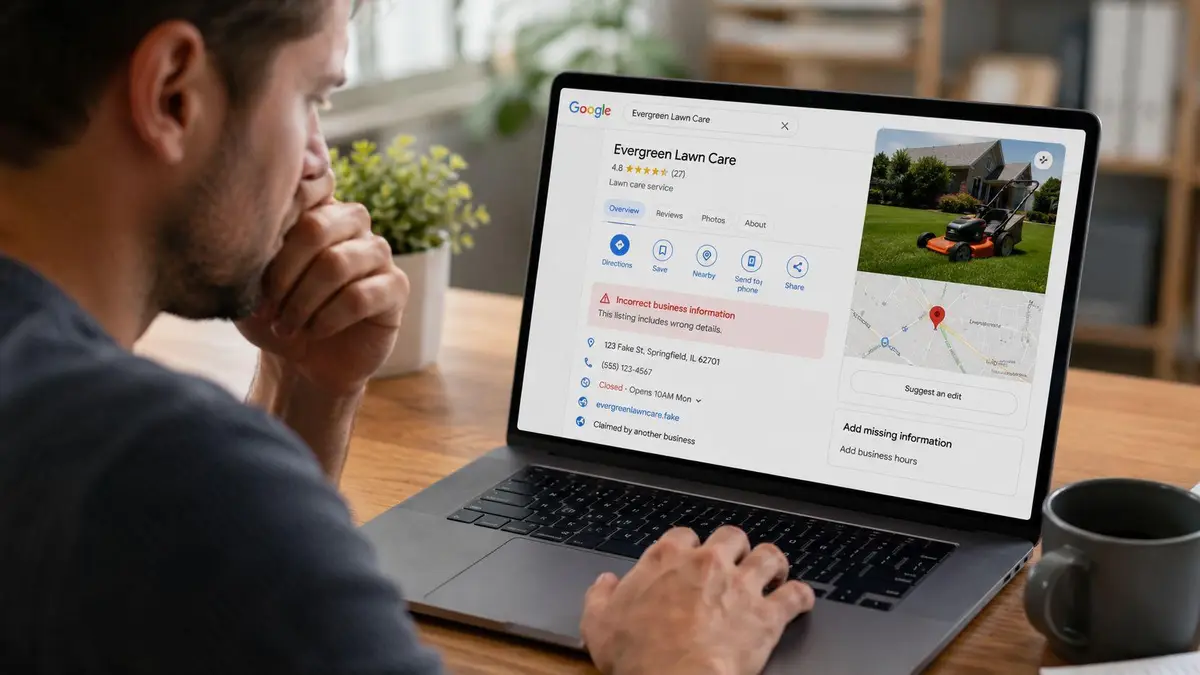 A person using a laptop to view a Google My Business listing that shows incorrect business information.