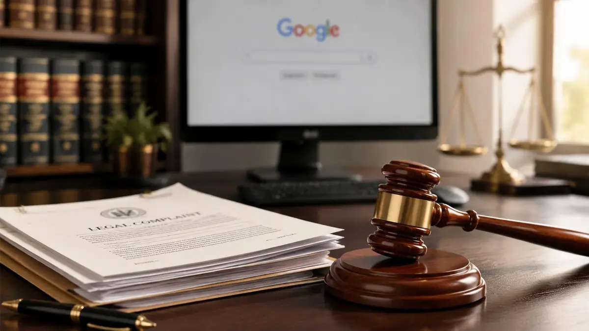 A wooden gavel resting next to legal complaint documents on a desk with a computer displaying Google.