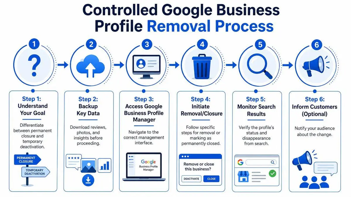 A six-step infographic detailing the process for controlled removal or closure of a Google Business profile.