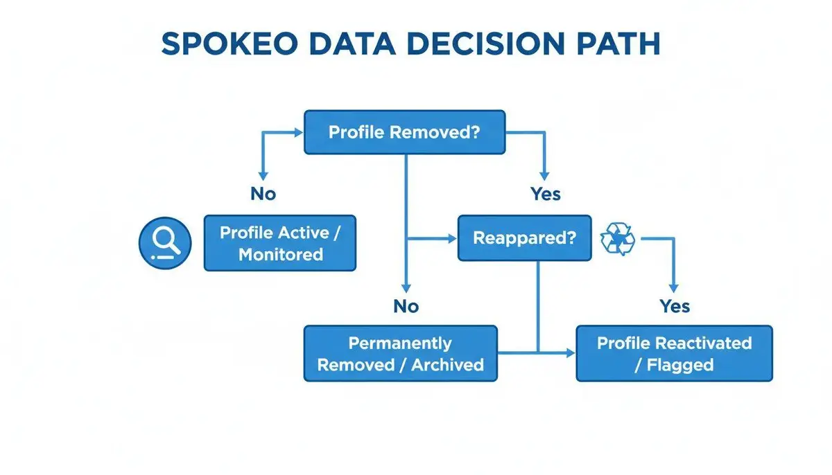 Flowchart illustrating Spokeo's data decision path for profile removal, monitoring, and reactivation.
