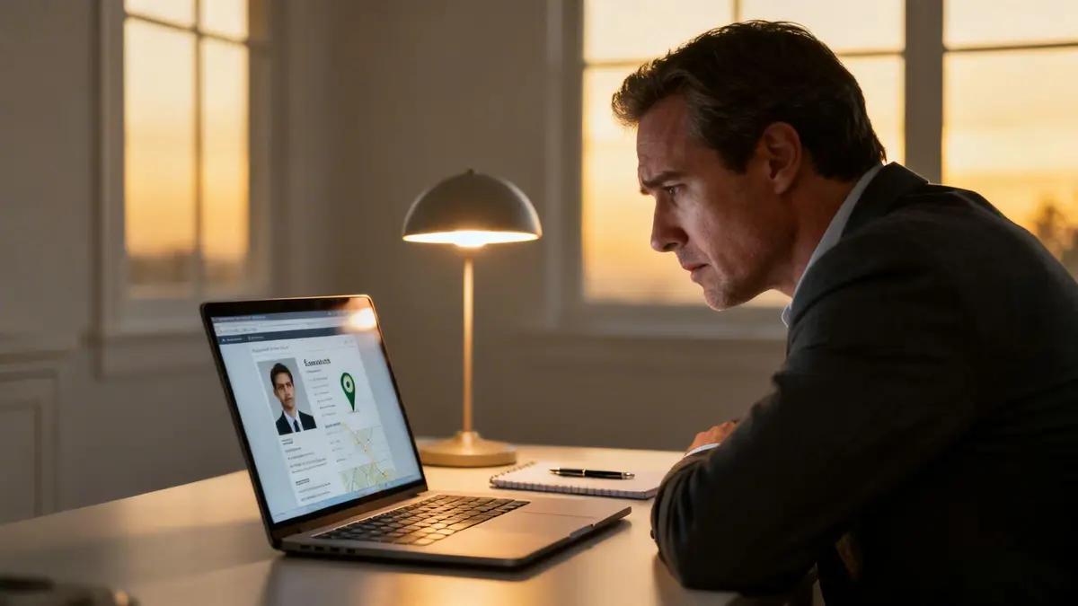 A man focused on a laptop screen showing a person's profile and a map at sunset.