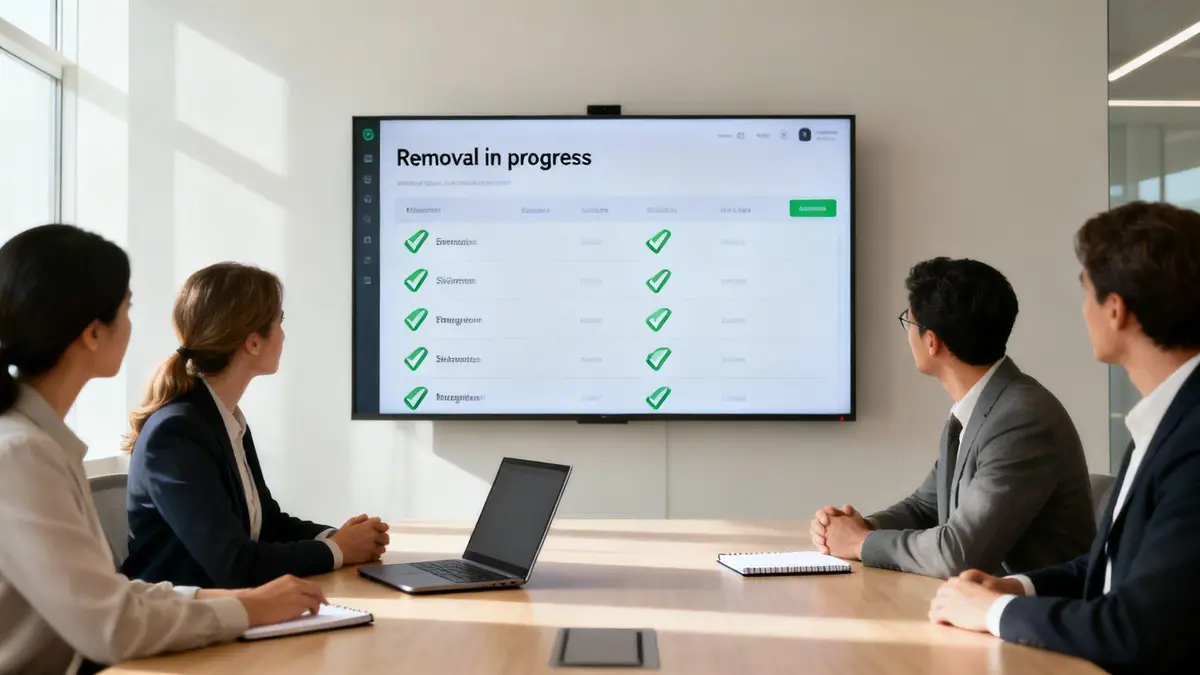 Four professionals in a meeting room observing a screen showing a data removal process in progress.