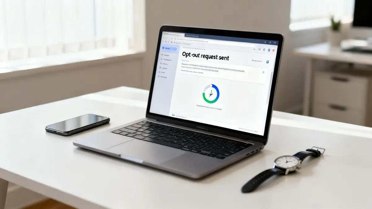 A laptop screen displays 'Opt-out request sent' on a bright desk with a smartphone and watch.