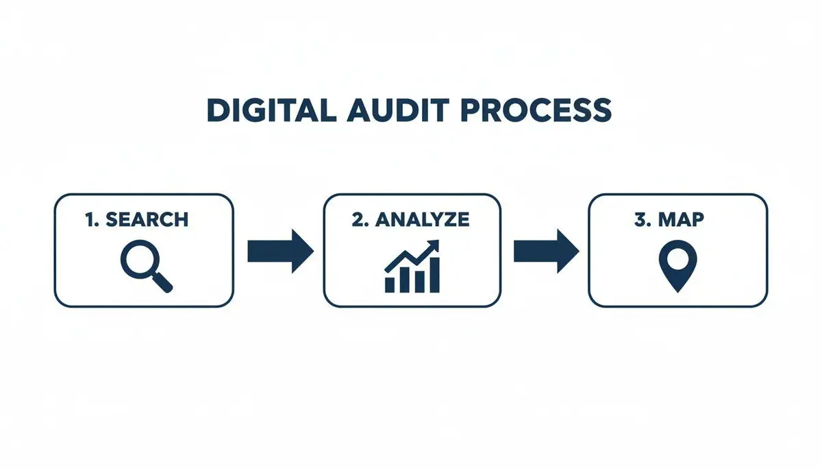 A three-step diagram illustrates the digital audit process: Search, Analyze, and Map.