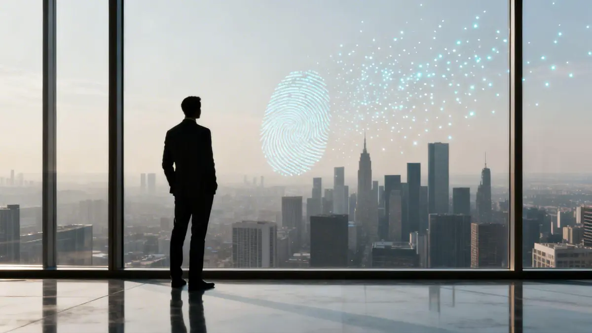 Businessman silhouette looks out window at city skyline with glowing digital fingerprint and data.