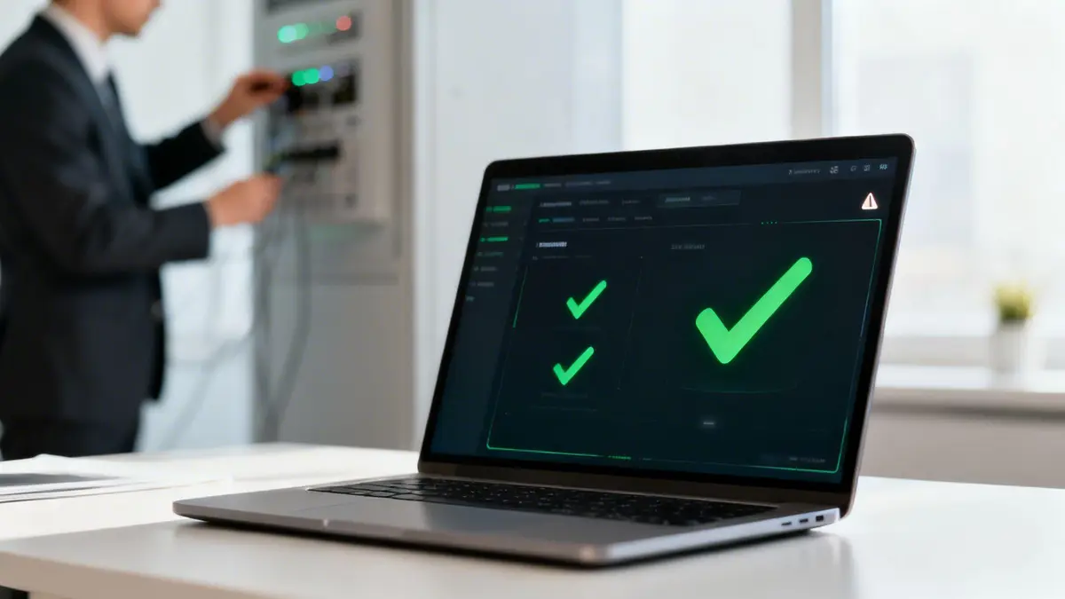 A laptop on a desk displays green checkmarks, with a technician working on network equipment.