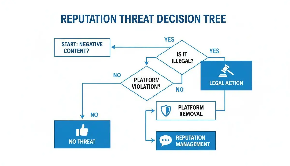 A flowchart outlining a reputation threat decision tree for managing negative content online.
