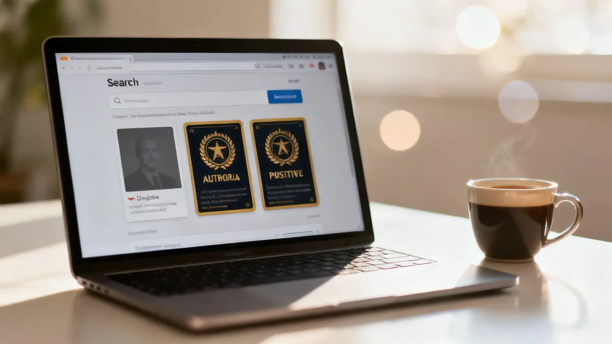 A laptop on a bright desk displays a search screen with cards, next to a steaming cup of coffee.