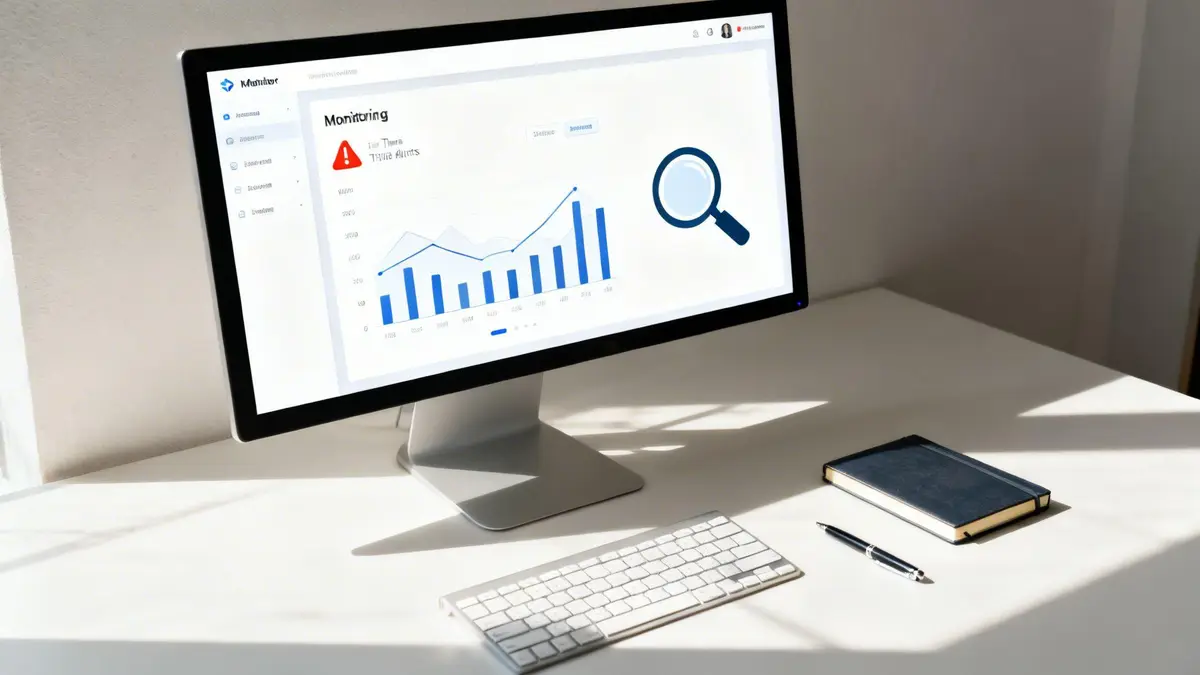 Clean white office desk with a computer displaying a monitoring dashboard and a magnifying glass icon.