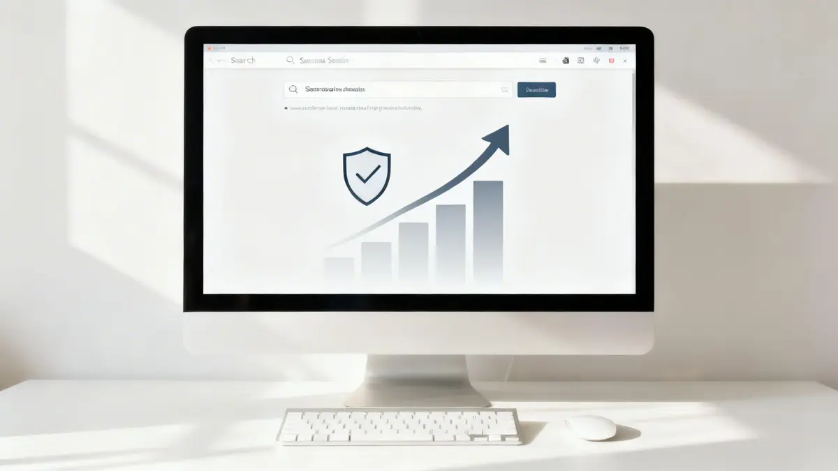 A desktop computer on a white desk displays a web search interface with security and growth icons.