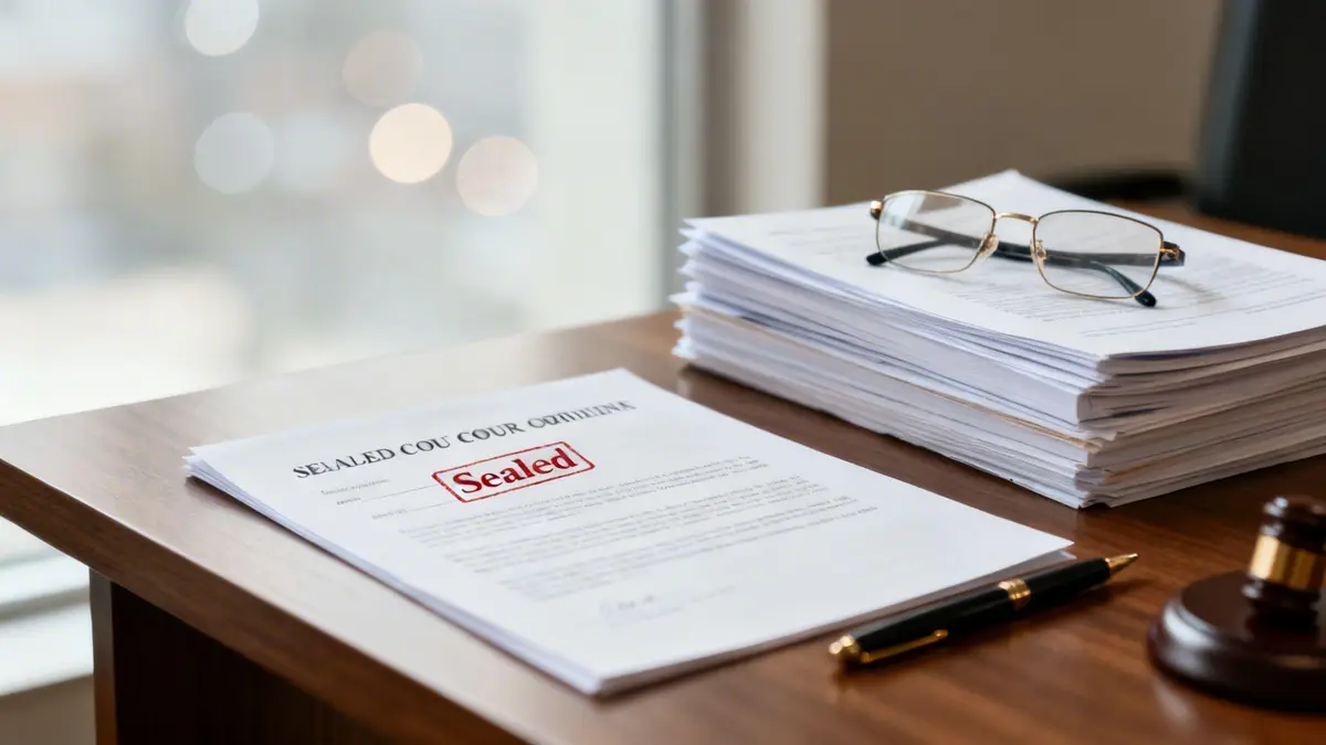 Legal documents on a wooden desk, featuring a 'Sealed' document, stack of papers, glasses, pen, and gavel.