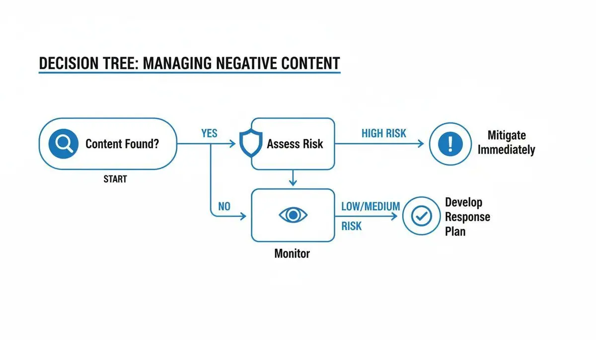Decision tree flowchart showing steps for managing negative content, including assessment, monitoring, and mitigation.
