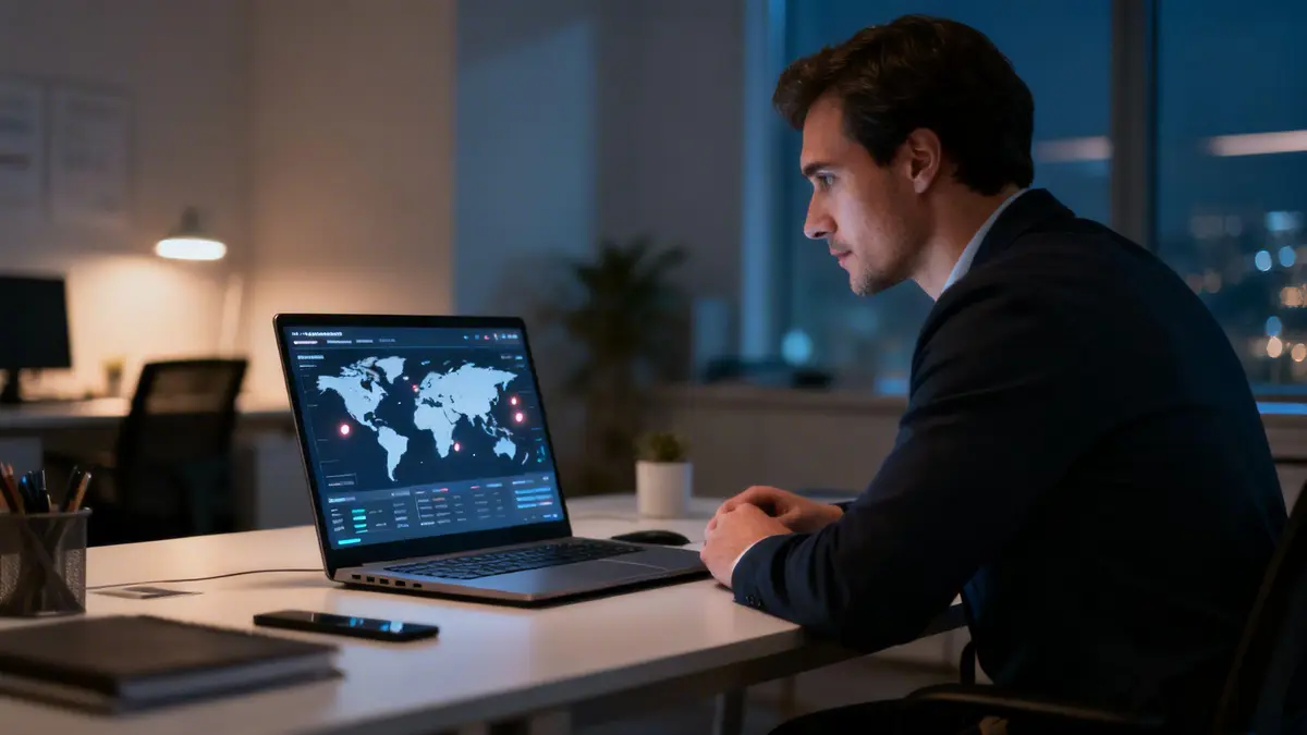 Focused businessman analyzing global data on a laptop in a dimly lit office at night.