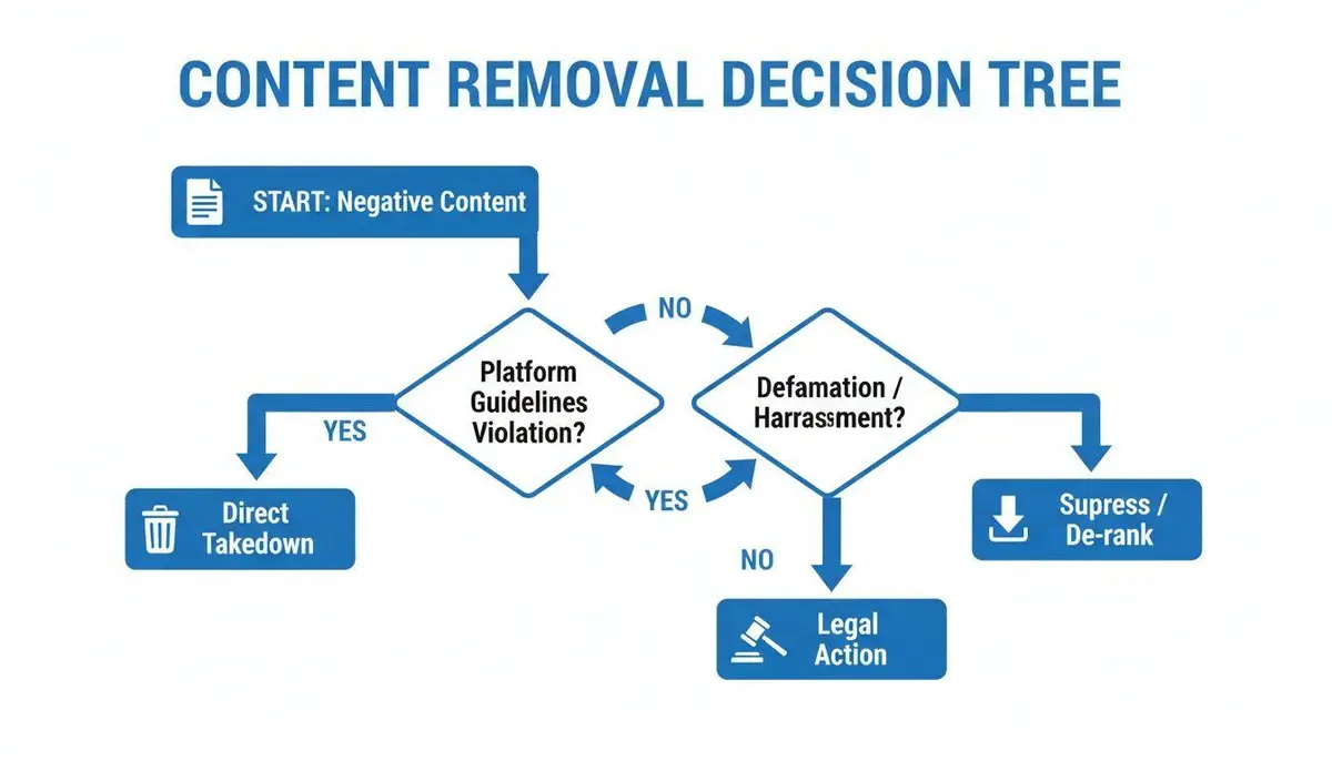 A flowchart titled 'Content Removal Decision Tree' outlining steps for negative content based on platform guidelines and legal criteria.