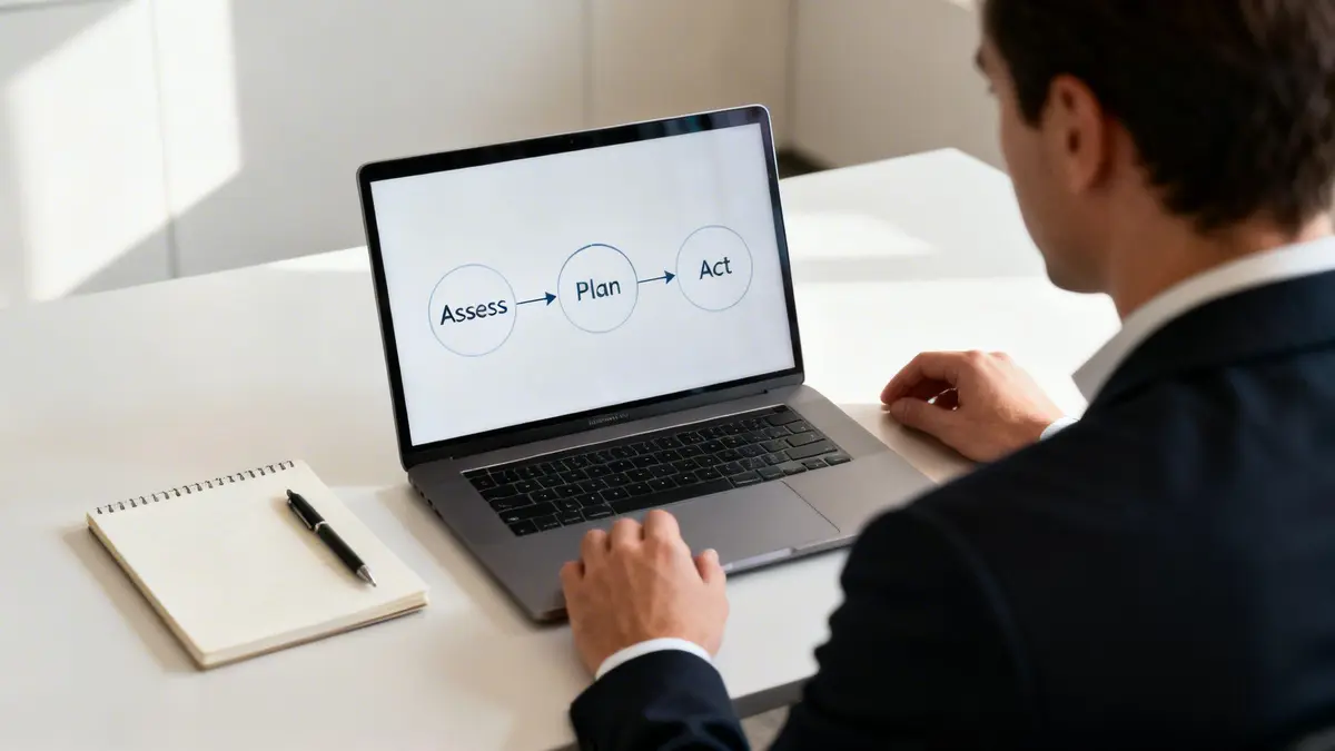A man in a suit looks at a laptop displaying an 'Assess -> Plan -> Act' workflow diagram.