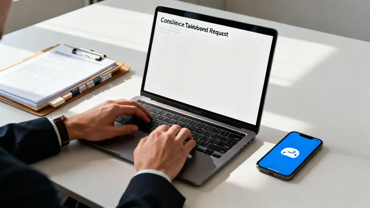 Close-up of a person typing on a laptop with documents and a smartphone on a bright white desk.