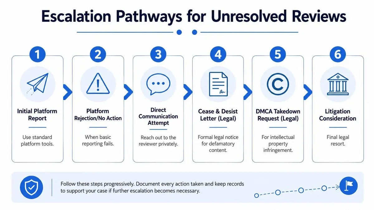 A six-step infographic detailing the escalation pathways for handling and removing unresolved online reviews effectively.