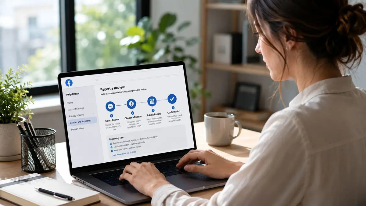 A woman working on a laptop at a desk, looking at a Facebook Help Center page about reporting reviews.