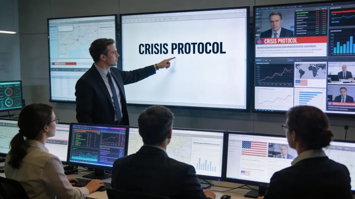 A professional team in a modern control room discussing a business strategy under a Crisis Protocol presentation.