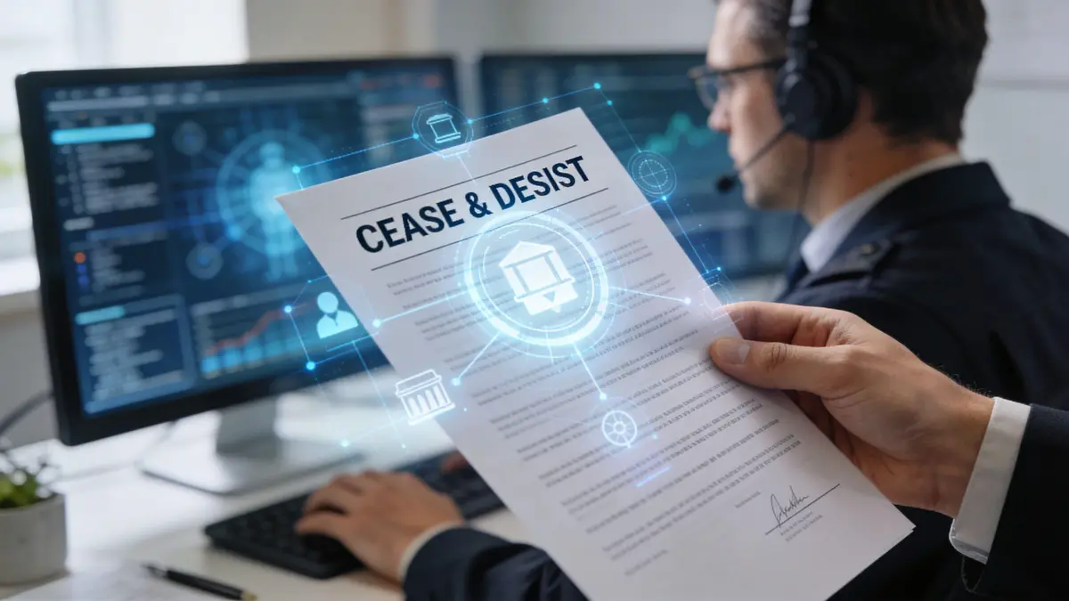 A professional holding a cease and desist document in front of a computer monitor with digital overlays.