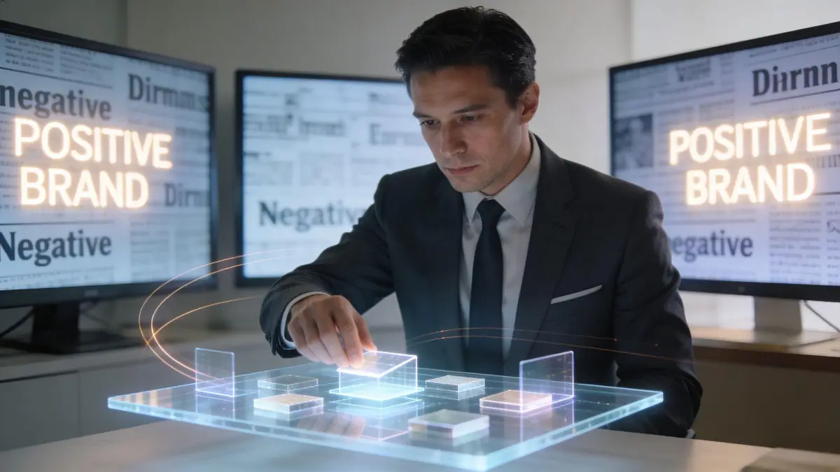 A professional in a suit interacting with a futuristic digital interface to manage corporate online reputation.